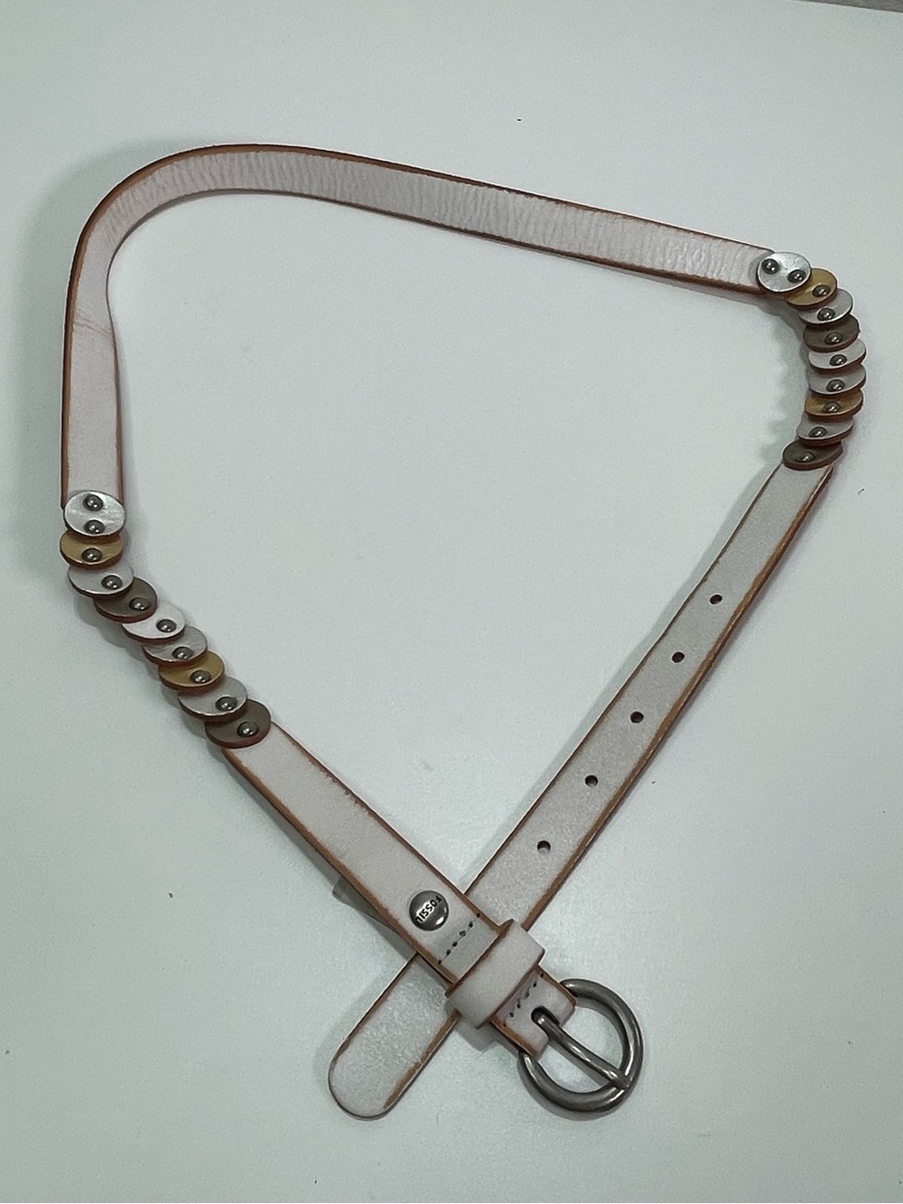 FOSSIL Belt Skinny White Tan Leather Women's M Decorative Studded Boho Festival